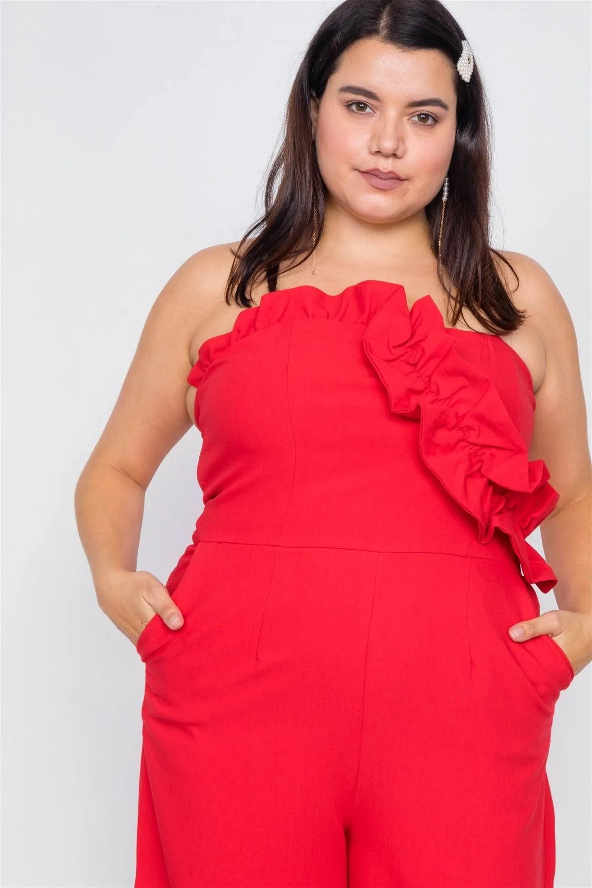 Plus Size Red Sleeveless Flounce Trim Maxi Wide Led Jumpsuit /2-2-1 - Tasha Apparel Wholesale