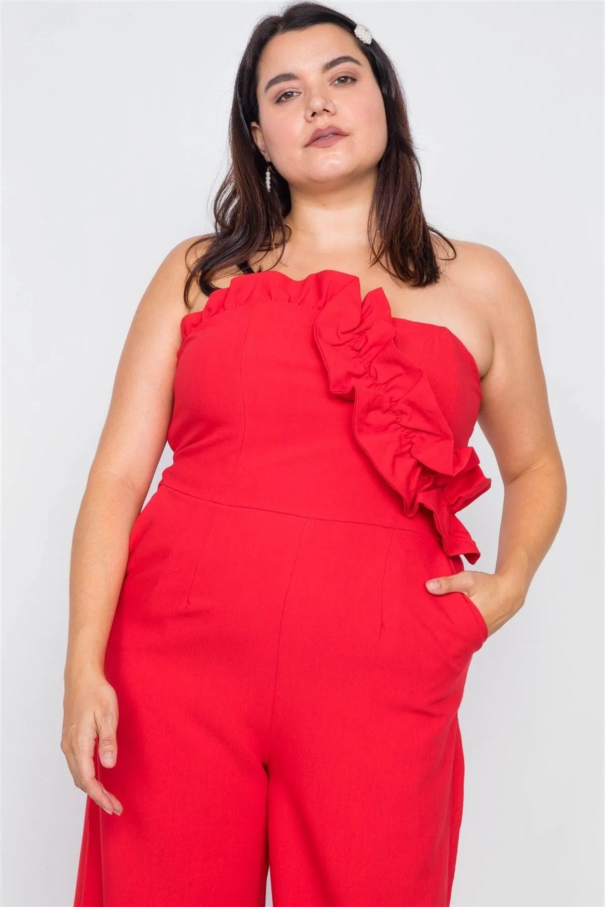 Plus Size Red Sleeveless Flounce Trim Maxi Wide Led Jumpsuit /2-2-1 - Tasha Apparel Wholesale