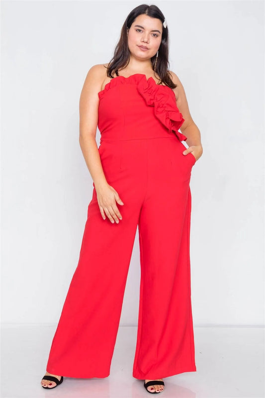 Junior Plus Size Red Sleeveless Flounce Trim Maxi Wide Led Jumpsuit /3-2-1 - Tasha Apparel Wholesale
