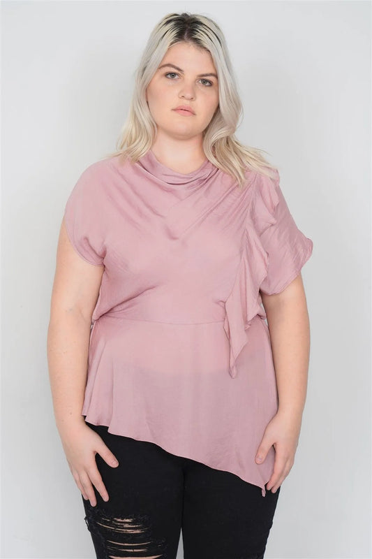 Plus Size Mauve Satin Handkerchief Hem Blouse - Tasha Apparel Wholesale