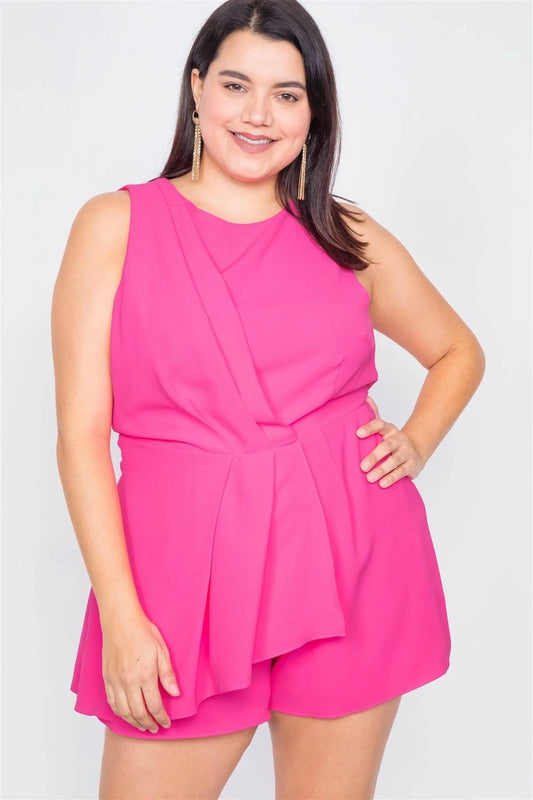 Plus Size Hot Pink Pleated Sleeveless Short Romper - Tasha Apparel Wholesale