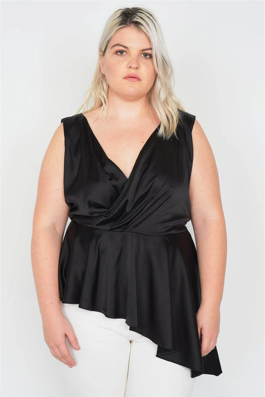 Plus Size Black Silk V-Neck Asymmetrical Handkerchief Top /3-2-1 - Tasha Apparel Wholesale
