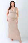 Junior Plus Beige V-Neck Sleeveless Maxi Dress /2-2-2 - Tasha Apparel Wholesale