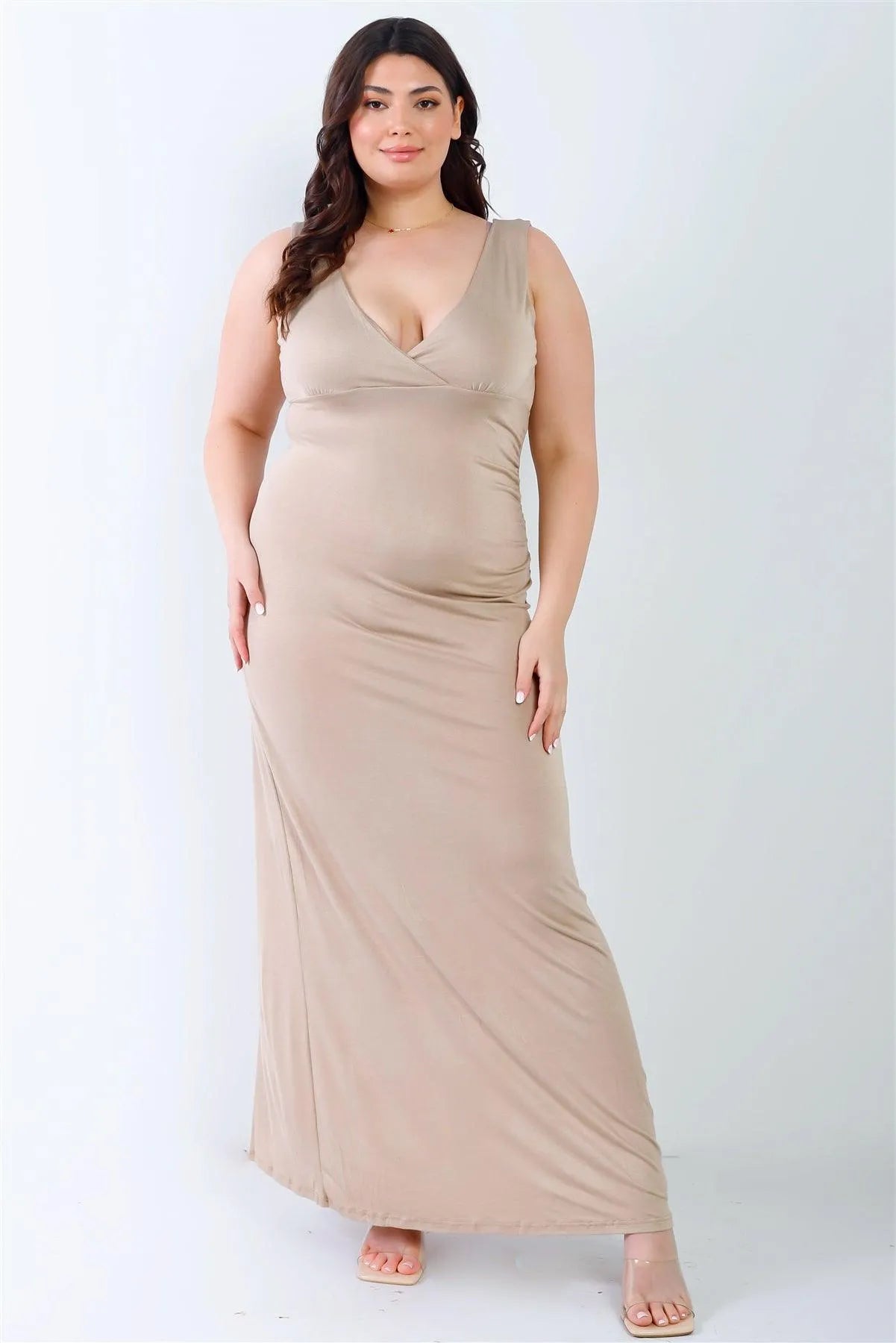 Junior Plus Beige V-Neck Sleeveless Maxi Dress /2-2-2 - Tasha Apparel Wholesale