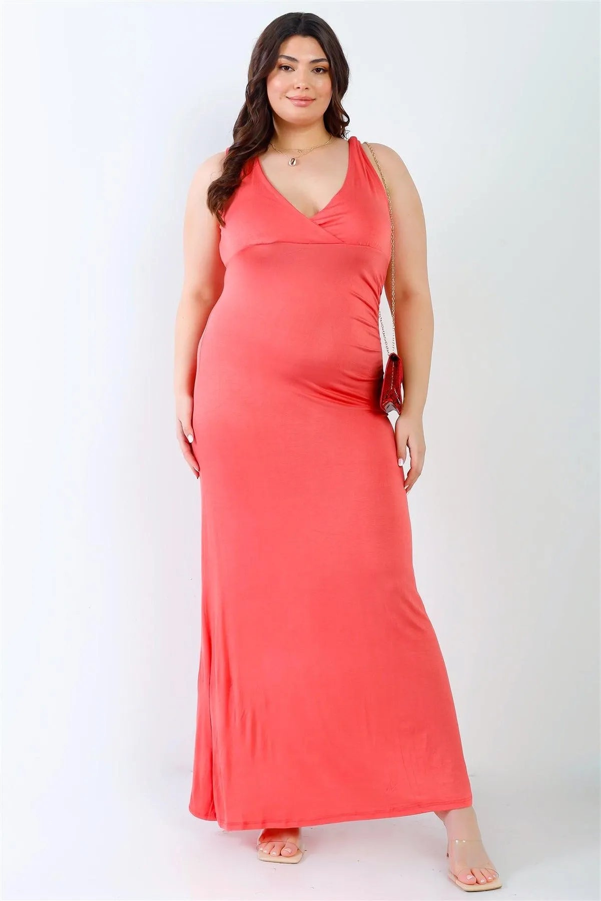 Junior Plus Coral V-Neck Sleeveless Maxi Dress /1-2-2 - Tasha Apparel Wholesale