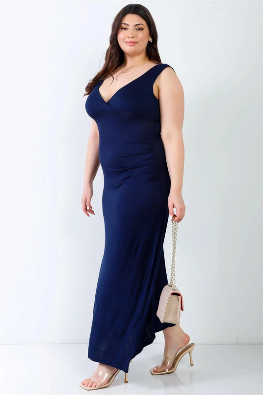 Junior Plus Dark Navy V-Neck Sleeveless Maxi Dress /1-1-1 - Tasha Apparel Wholesale