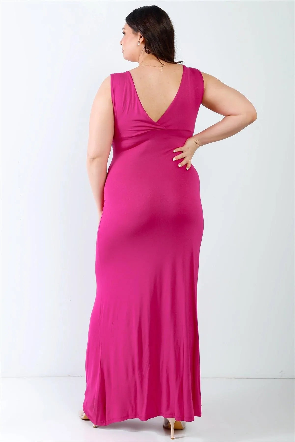 Junior Plus Fuchsia V-Neck Sleeveless Maxi Dress /2-2-2 - Tasha Apparel Wholesale