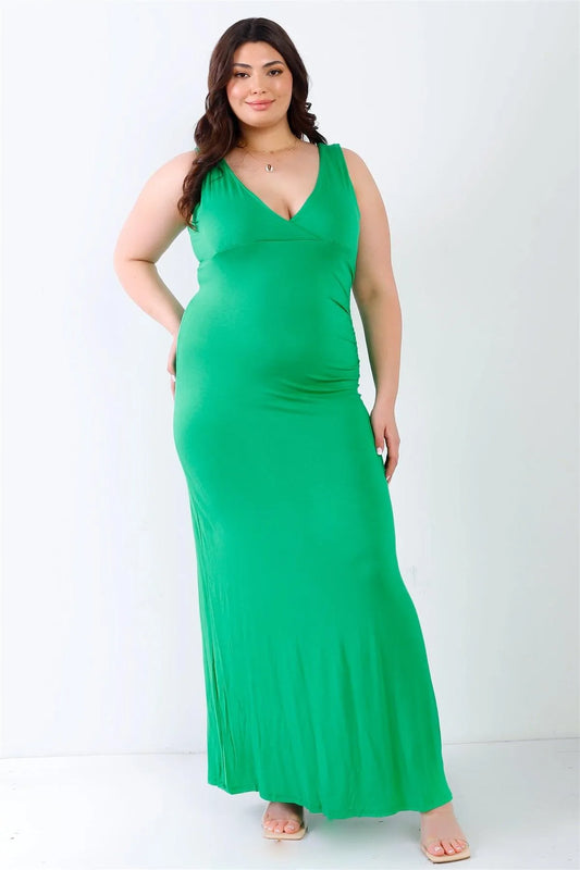 Junior Plus Green V-Neck Sleeveless Maxi Dress /2-2-2 - Tasha Apparel Wholesale