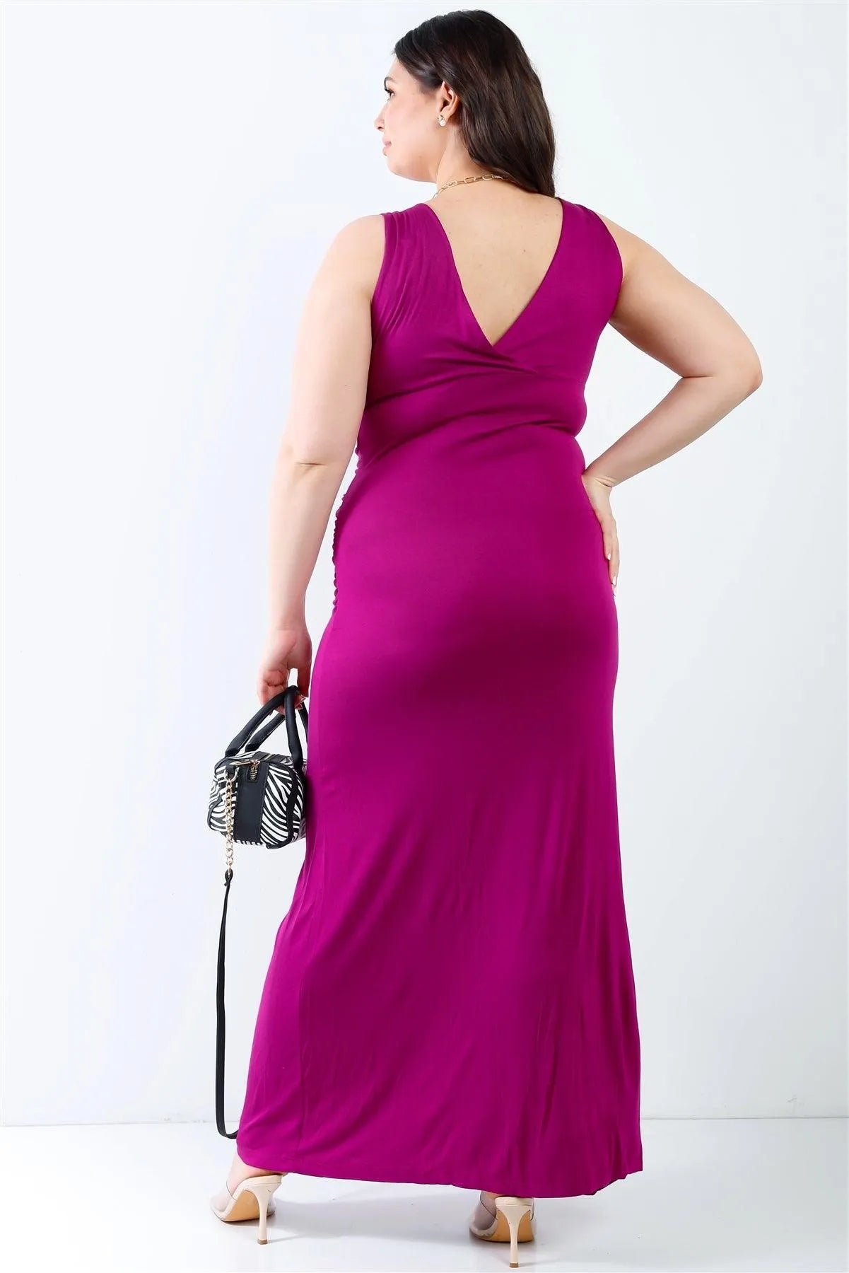 Junior Plus Plum V-Neck Sleeveless Maxi Dress /2-2 - Tasha Apparel Wholesale