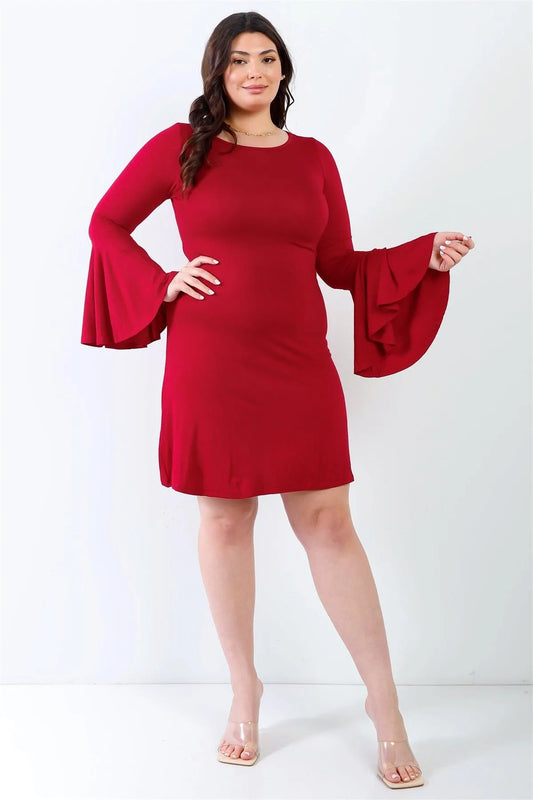 Junior Plus Burgundy Bell Long Sleeve Mini Dress /2-2-2 - Tasha Apparel Wholesale
