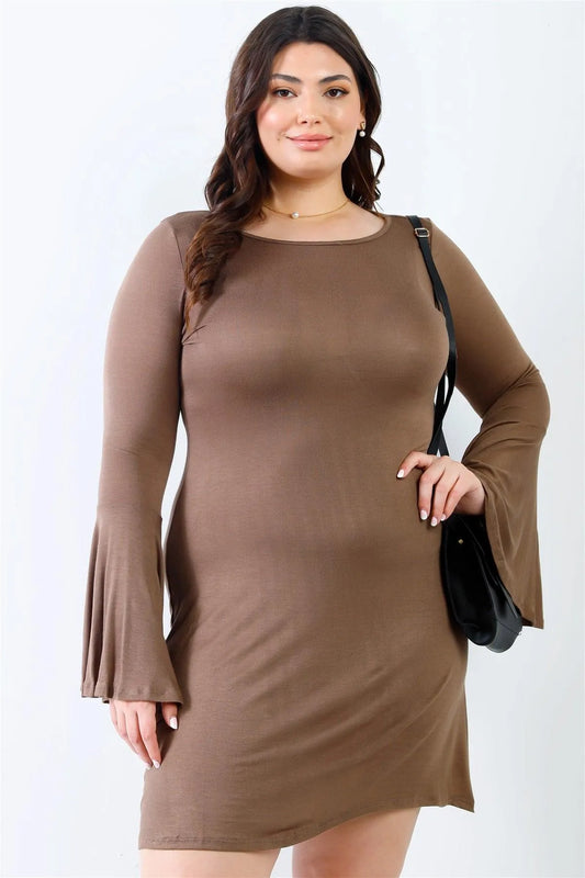 Junior Plus Mocha Bell Long Sleeve Mini Dress /2-2-2 - Tasha Apparel Wholesale