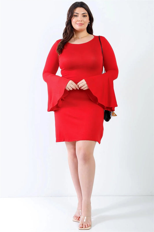 Junior Plus Red Bell Long Sleeve Mini Dress /1-2-2 - Tasha Apparel Wholesale