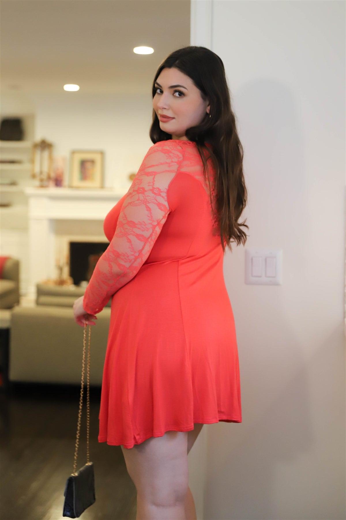 Junior Plus Dark Orange Lace Detail Long Sleeve Mini Dress /2-2-2