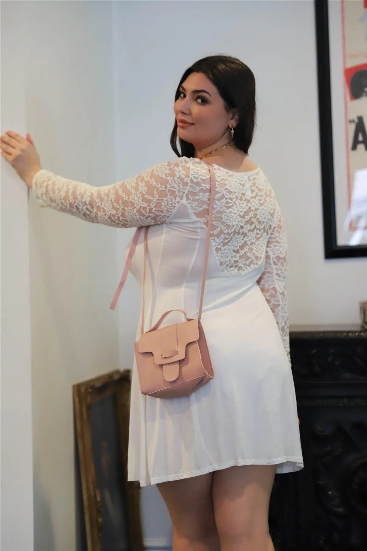 Junior Plus Ivory Lace Detail Long Sleeve Mini Dress /2-2-2 - Tasha Apparel Wholesale