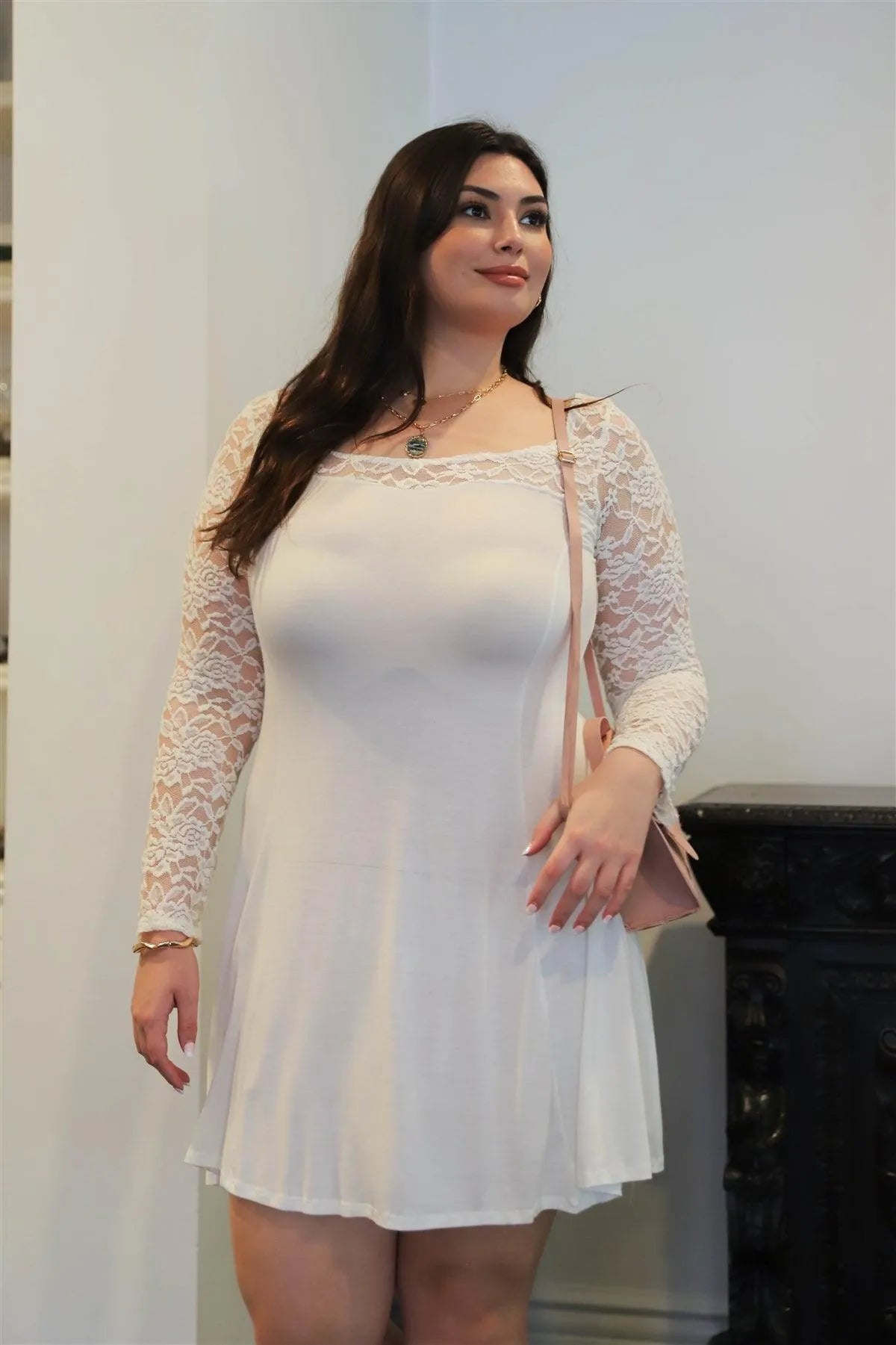 Junior Plus Ivory Lace Detail Long Sleeve Mini Dress /2-2-2 - Tasha Apparel Wholesale