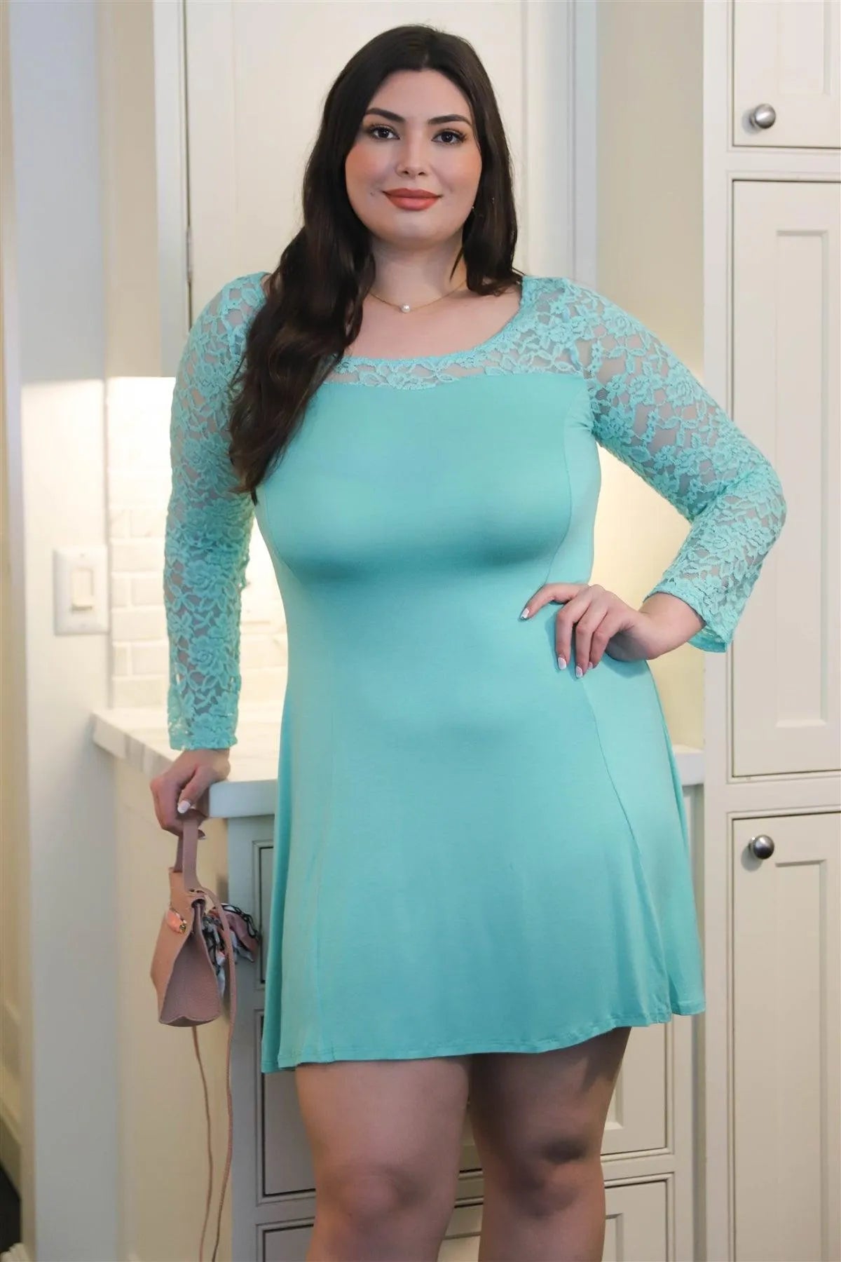 Junior Plus Mint-Blue Lace Detail Long Sleeve Mini Dress /2-2-2 - Tasha Apparel Wholesale