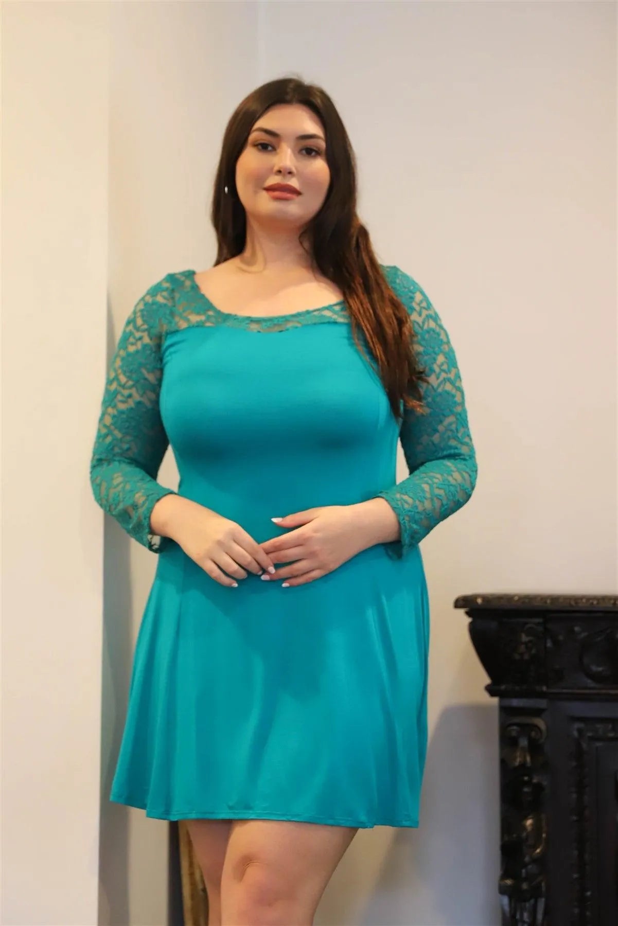 Junior Plus Teal Lace Detail Long Sleeve Mini Dress /1-3 - Tasha Apparel Wholesale