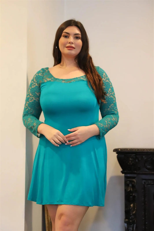 Junior Plus Teal Lace Detail Long Sleeve Mini Dress /2-2-2 - Tasha Apparel Wholesale