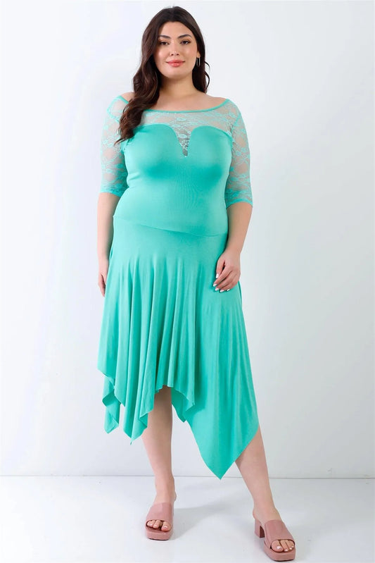Junior Plus Mint Lace Details Handkerchief Hem Midi Dress /1-1-1 - Tasha Apparel Wholesale