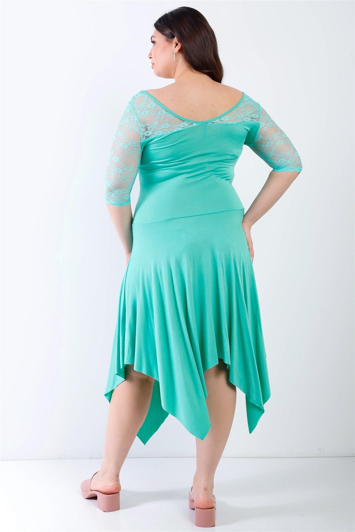 Junior Plus Mint Lace Details Handkerchief Hem Midi Dress /1-1-1