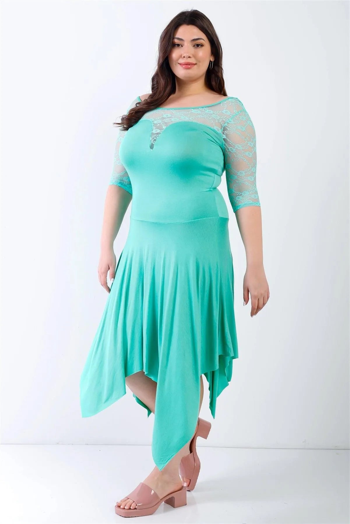 Junior Plus Mint Lace Details Handkerchief Hem Midi Dress /2-2-2 - Tasha Apparel Wholesale