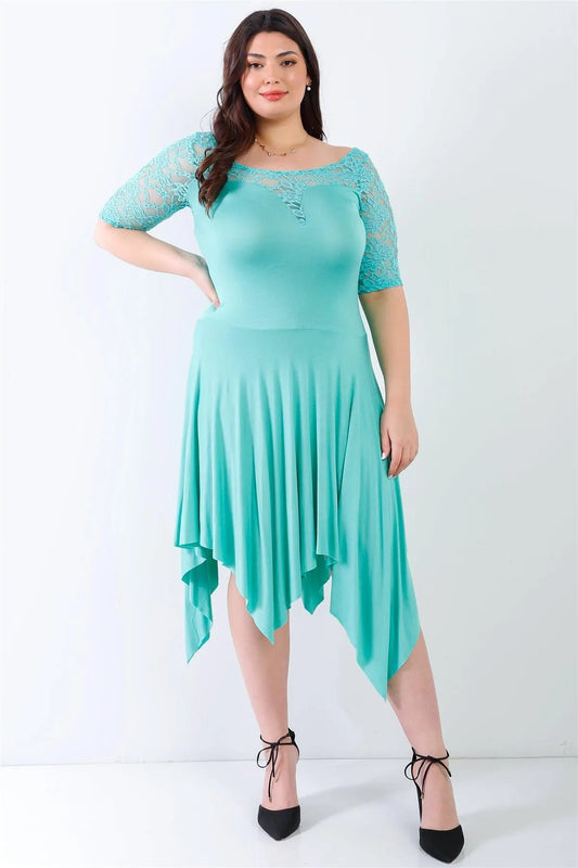 Junior Plus Mint Blue Lace Details Handkerchief Hem Midi Dress /2-2-2 - Tasha Apparel Wholesale