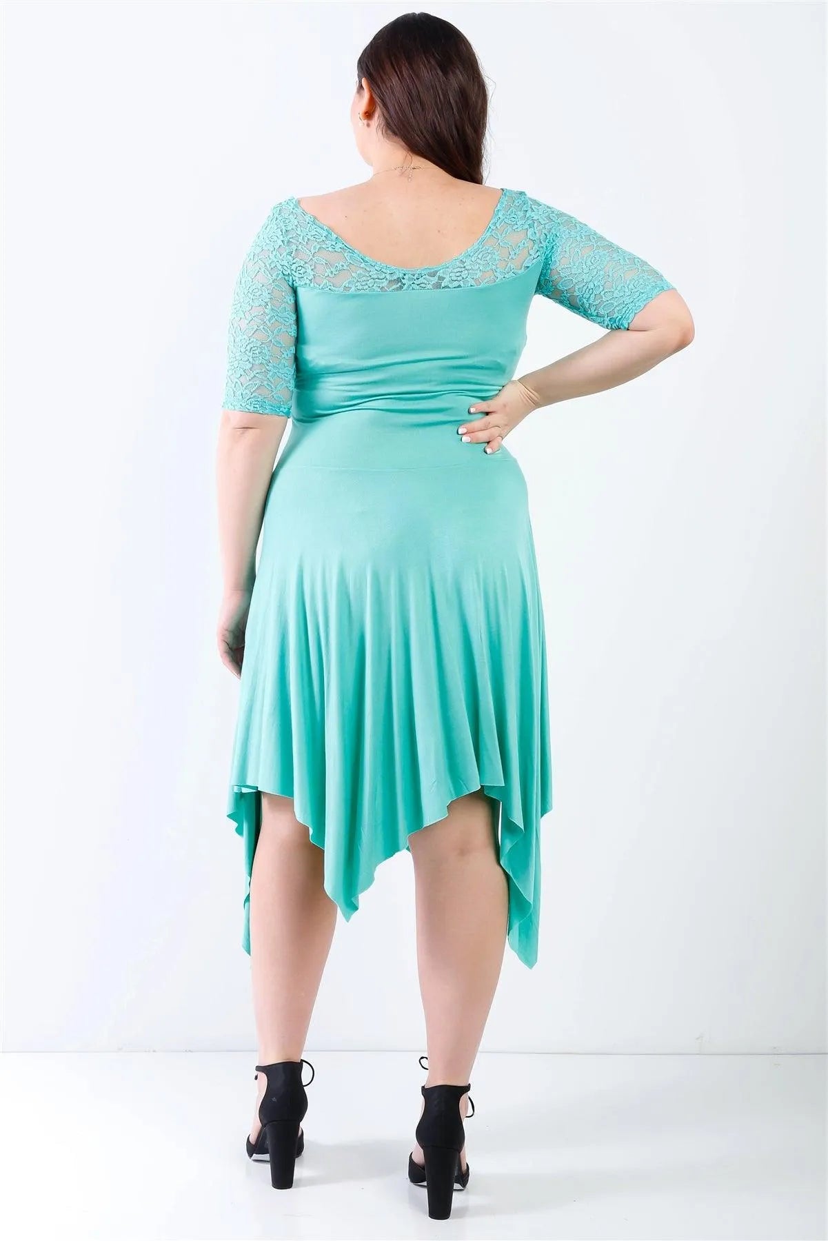 Junior Plus Mint Blue Lace Details Handkerchief Hem Midi Dress /3-1-3 - Tasha Apparel Wholesale