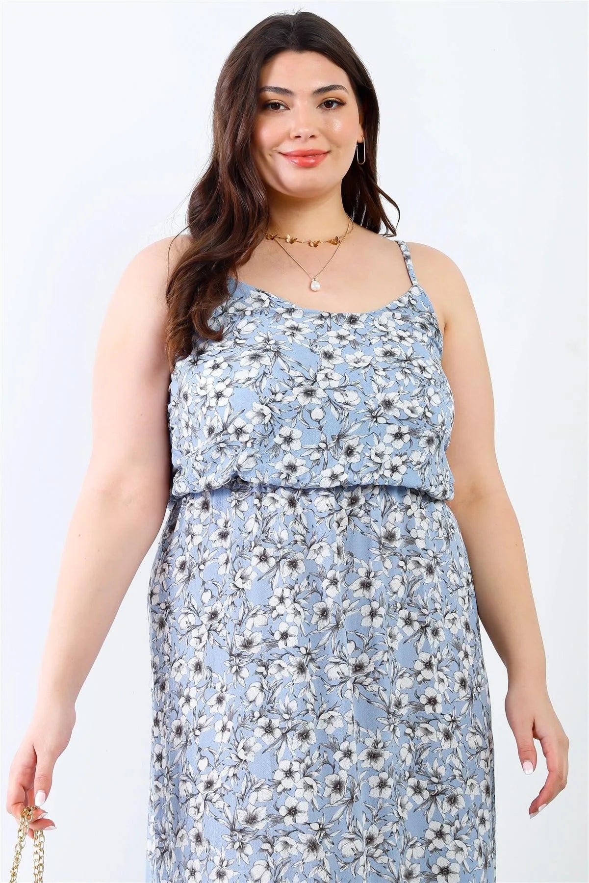 Junior Plus Blue Floral Print Textured Sleeveless Maxi Dress /1-2-2 - Tasha Apparel Wholesale