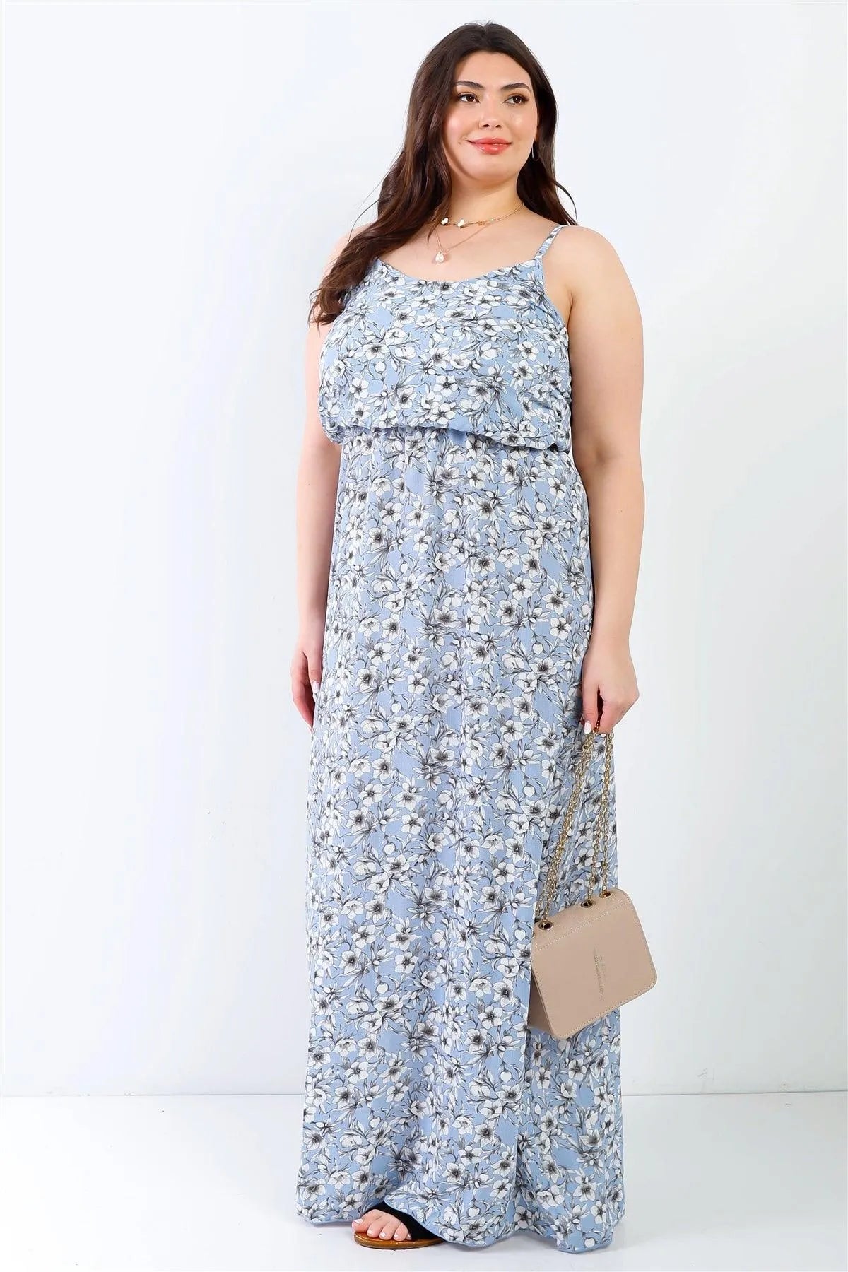 Junior Plus Blue Floral Print Textured Sleeveless Maxi Dress /1-2-2 - Tasha Apparel Wholesale