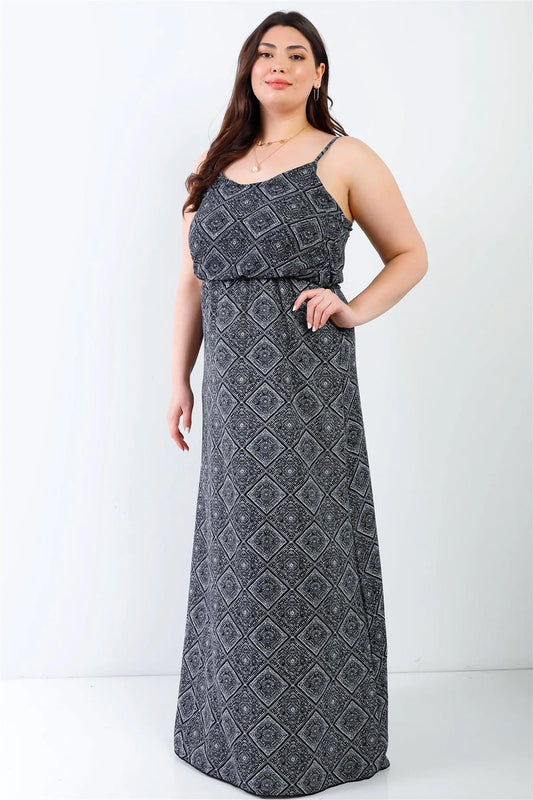 Junior Plus Charcoal Ornament Print Textured Sleeveless Maxi Dress /2-2-2 - Tasha Apparel Wholesale