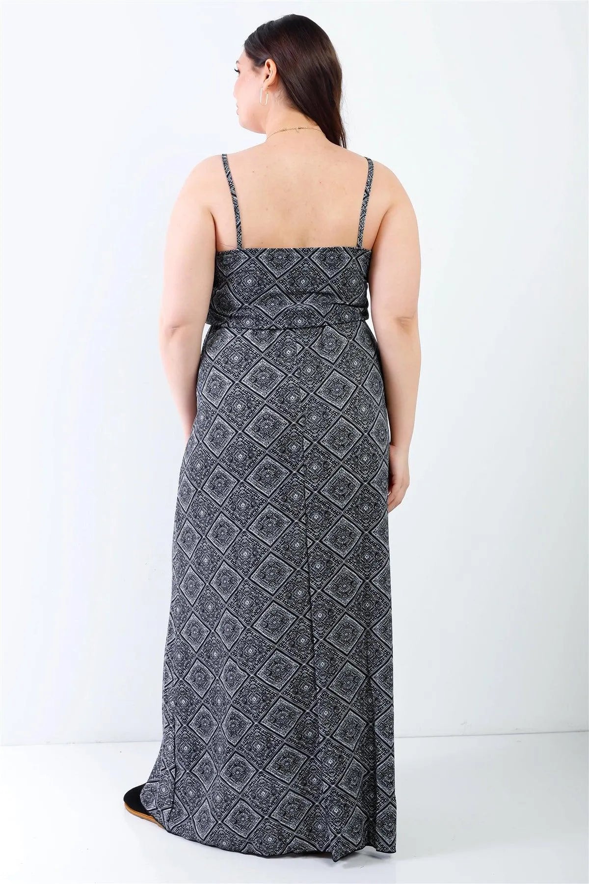 Junior Plus Charcoal Ornament Print Textured Sleeveless Maxi Dress /2-2-2 - Tasha Apparel Wholesale