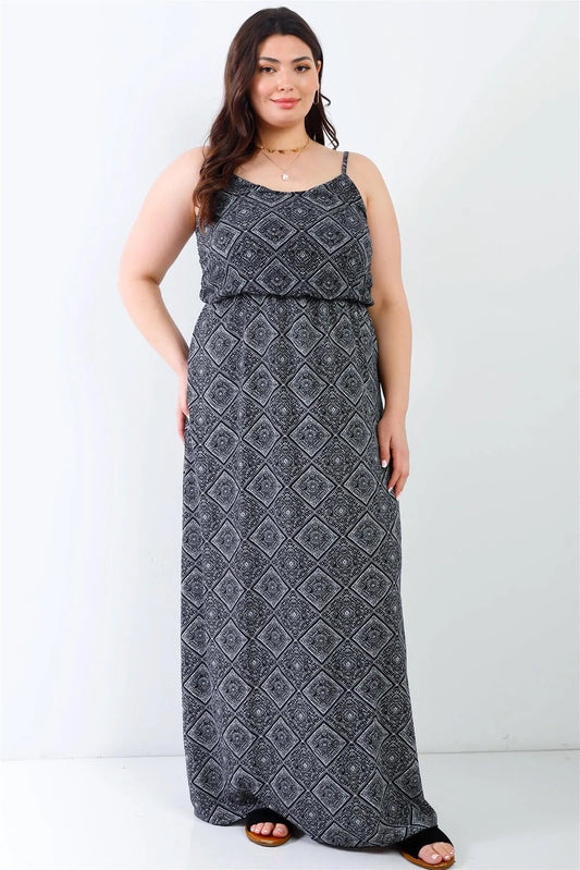 Junior Plus Charcoal Ornament Print Textured Sleeveless Maxi Dress /2-1-3 - Tasha Apparel Wholesale