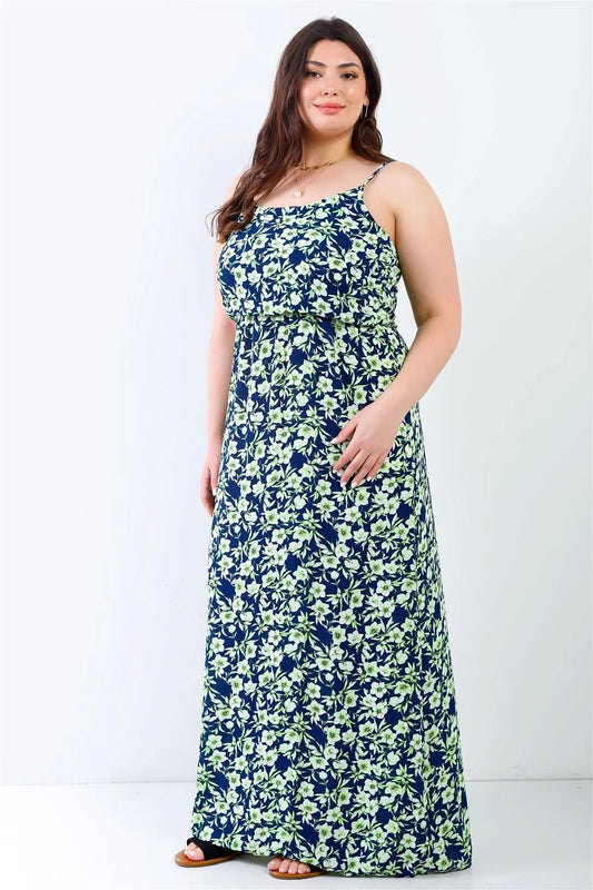Junior Plus Navy & Green Floral Print Textured Sleeveless Maxi Dress /1-2-2 - Tasha Apparel Wholesale