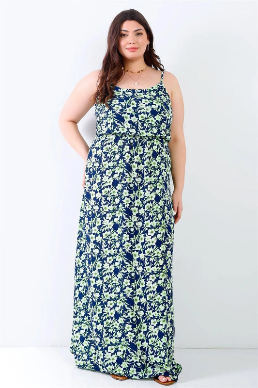 Junior Plus Navy & Green Floral Print Textured Sleeveless Maxi Dress /2-2-2 - Tasha Apparel Wholesale