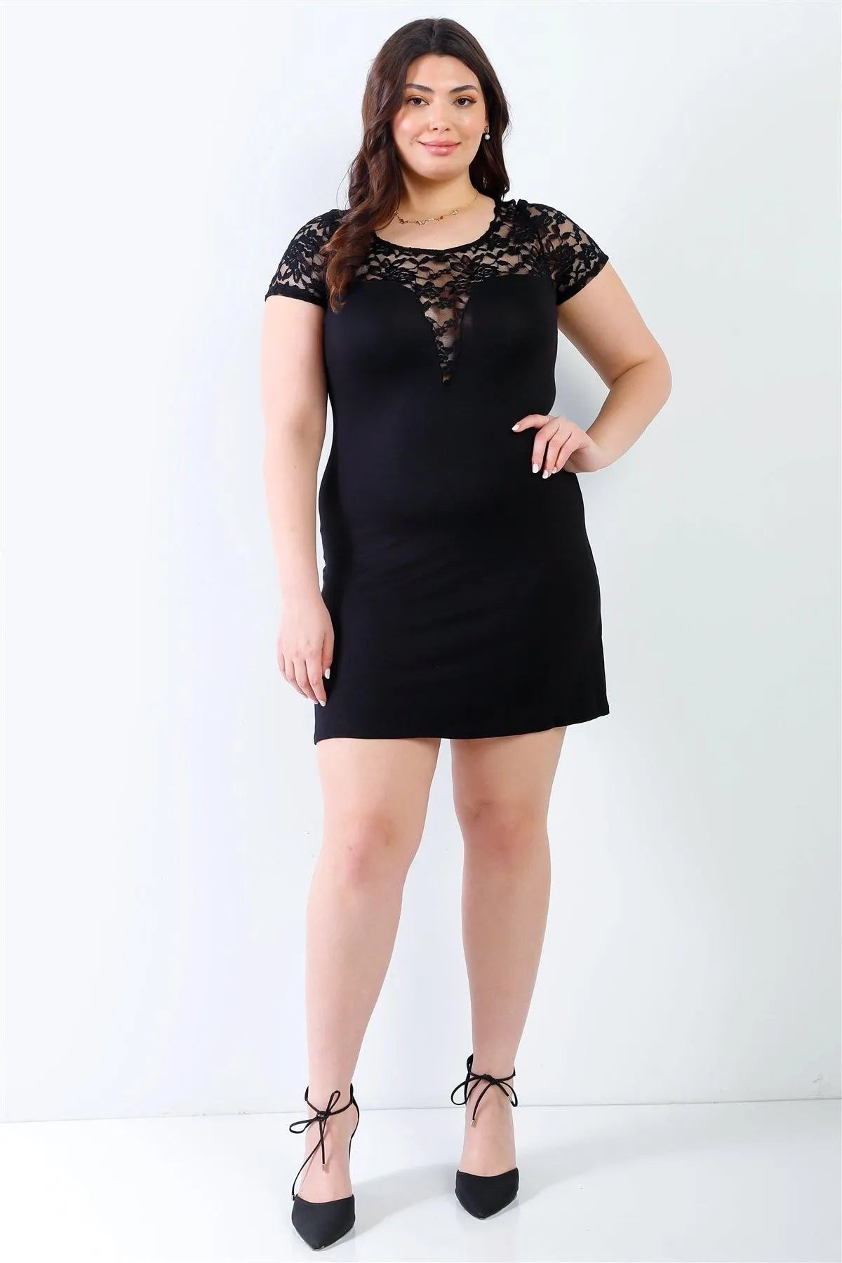Junior Plus Black Lace Details Short Sleeve Mini Dress /2-2-2 - Tasha Apparel Wholesale