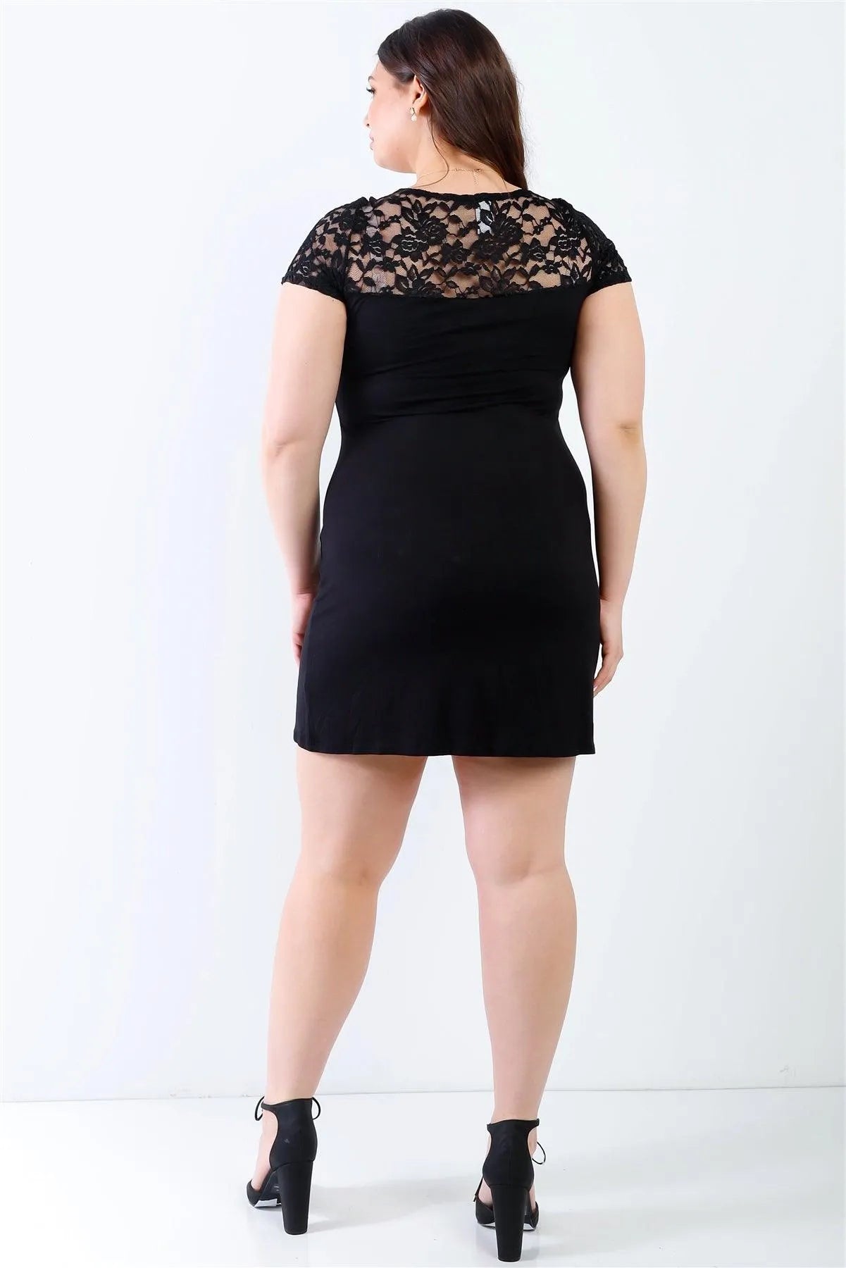 Junior Plus Black Lace Details Short Sleeve Mini Dress /2-2-2 - Tasha Apparel Wholesale