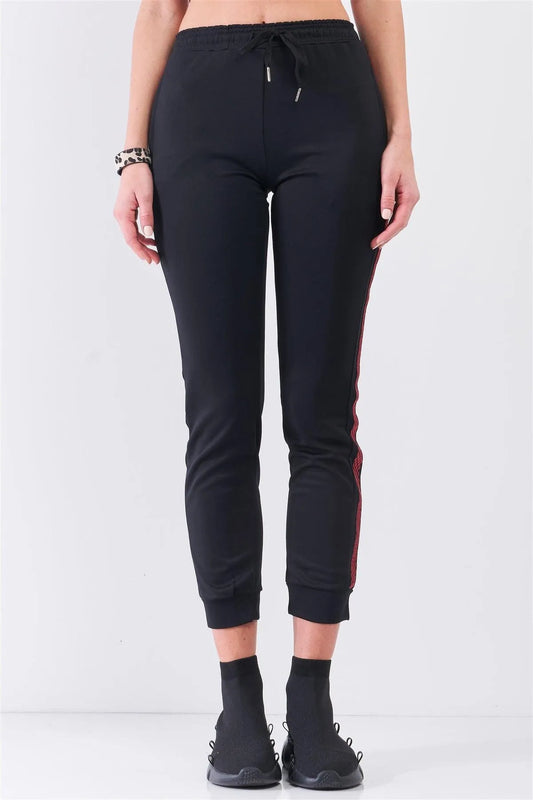 Black Red Checkered Side Tape Elastic Waist Sweatpants /2-2-2 - Tasha Apparel Wholesale