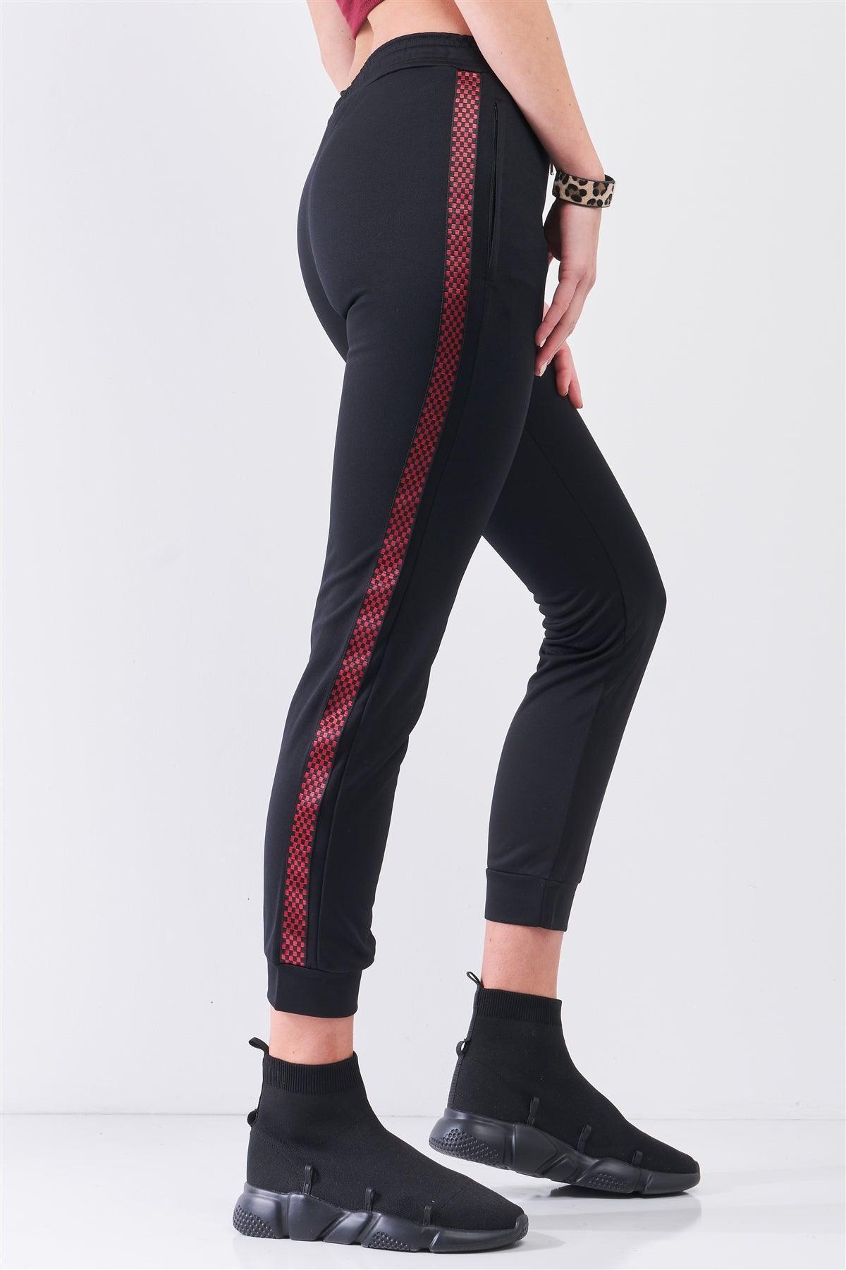 Black Red Checkered Side Tape Elastic Waist Sweatpants /2-2-2