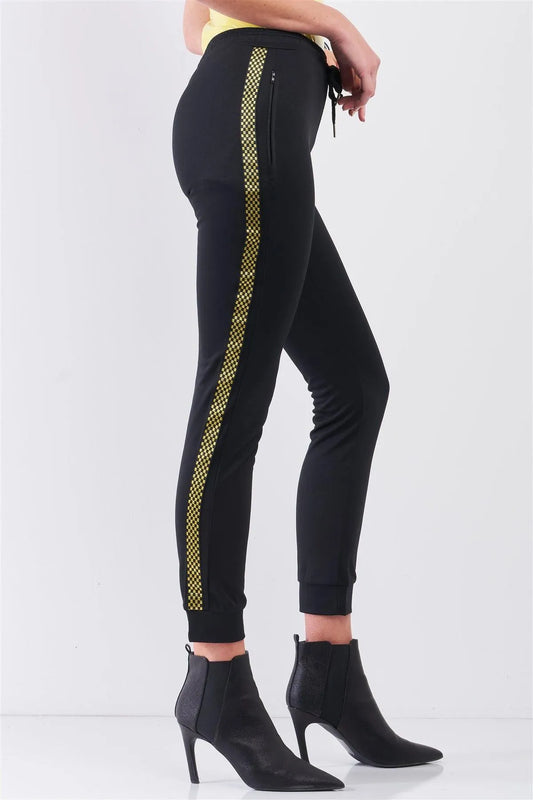 Black Yellow Checkered Side Tape Elastic Waist Sweatpants /1-2-2 - Tasha Apparel Wholesale