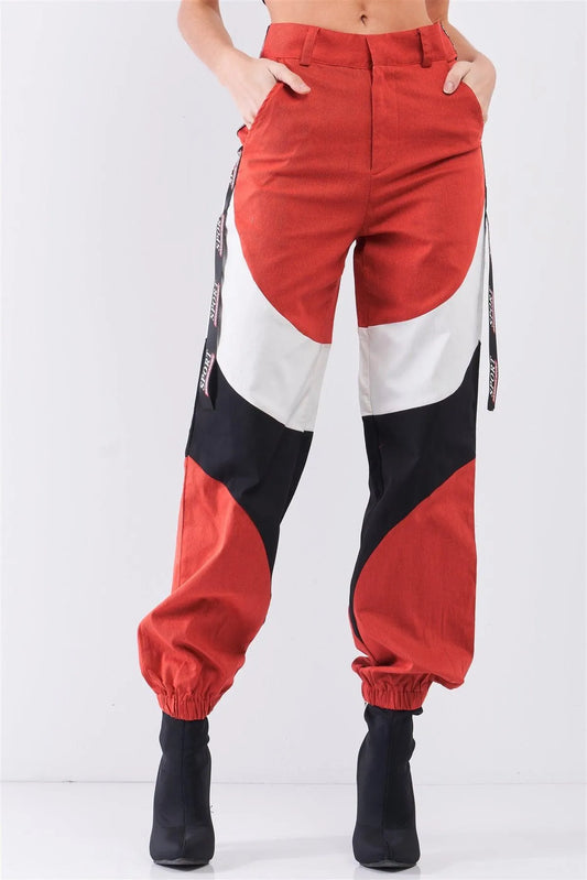 Rust Red High Waist Sport Print Detail Parachute Cargo Pants /3-2-1 - Tasha Apparel Wholesale