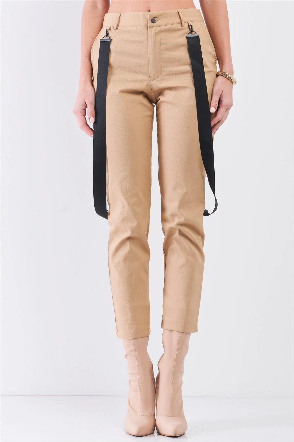 Khaki Mid-Rise Detachable Utility Straps Detail Straight Cut Pants / 1-2-1 - Tasha Apparel Wholesale
