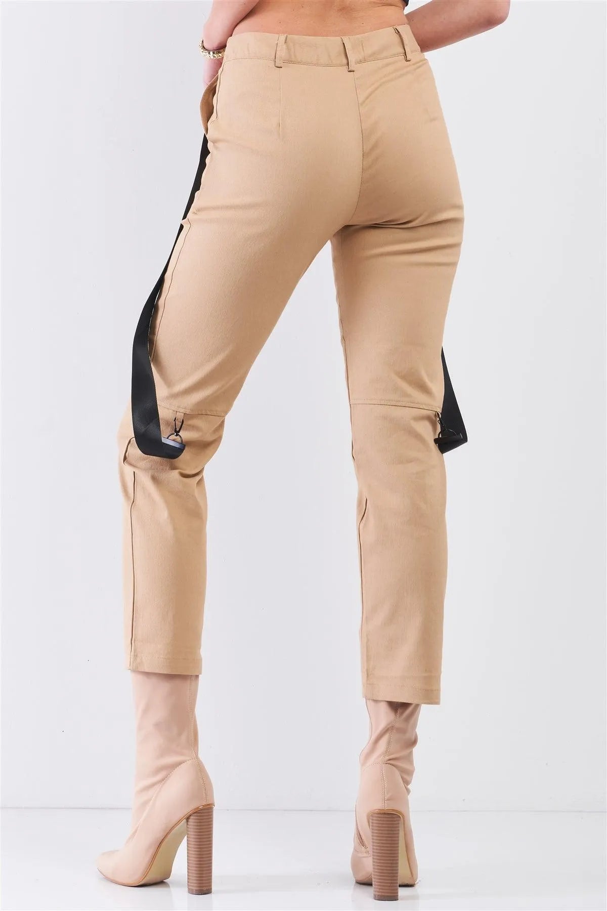 Khaki Mid-Rise Detachable Utility Straps Detail Straight Cut Pants / 1-2-1 - Tasha Apparel Wholesale