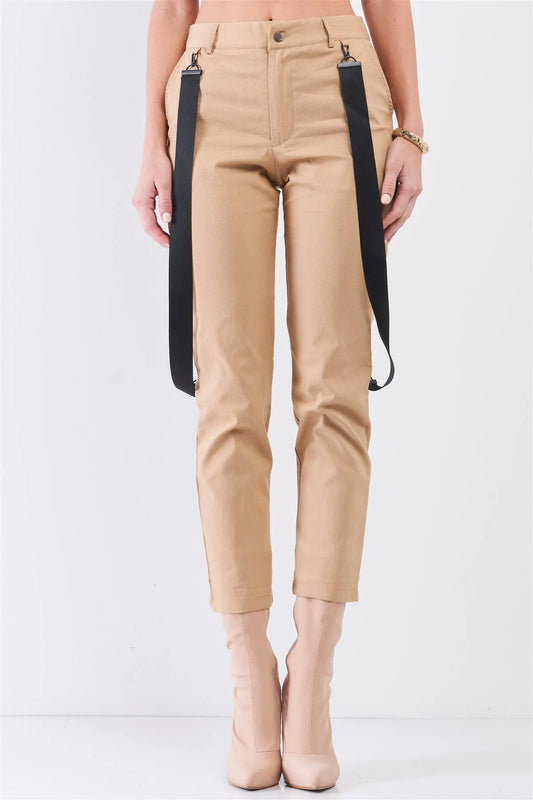Khaki Mid-Rise Detachable Utility Straps Detail Straight Cut Pants /3-2-1 - Tasha Apparel Wholesale