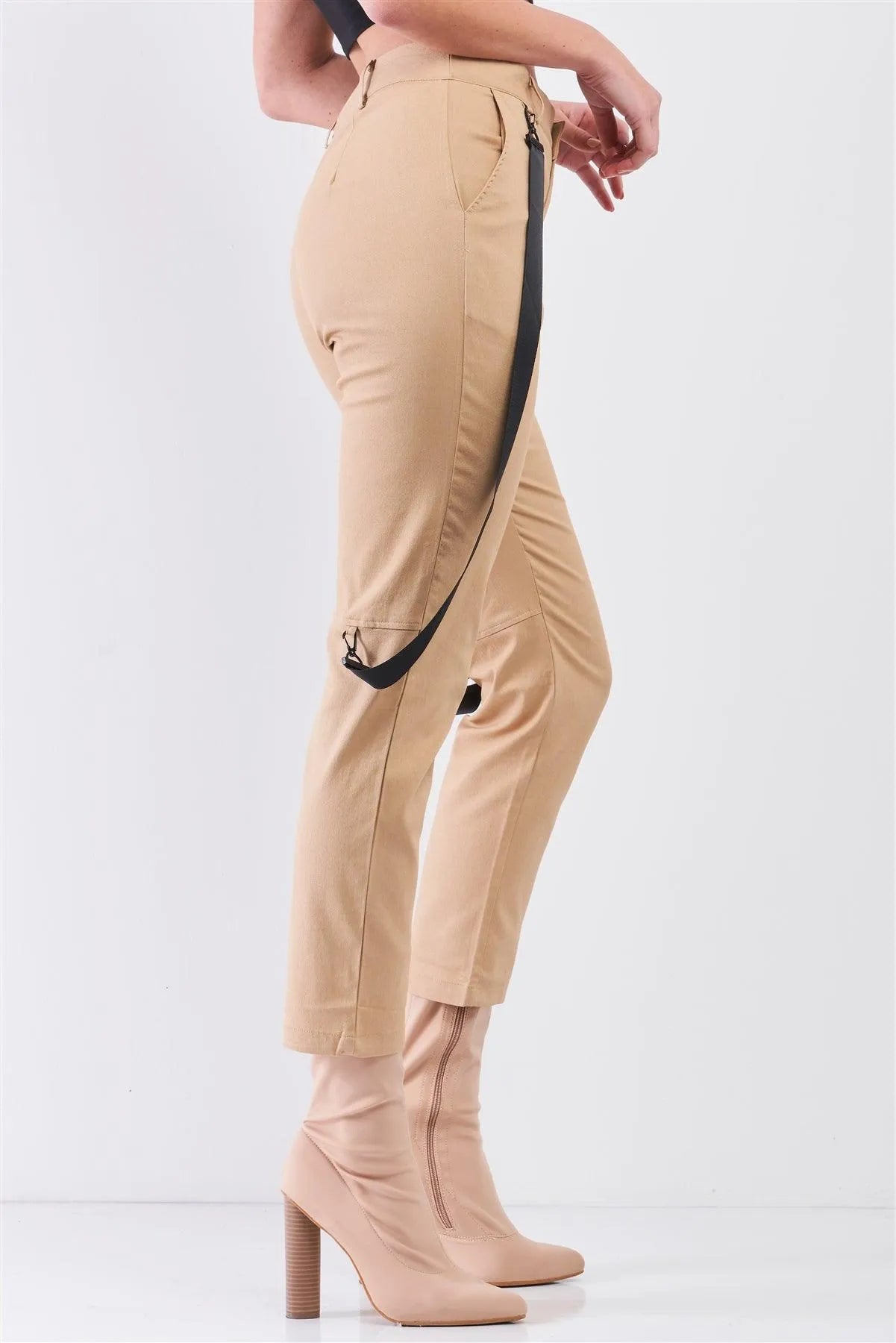 Khaki Mid-Rise Detachable Utility Straps Detail Straight Cut Pants /3-2-1 - Tasha Apparel Wholesale