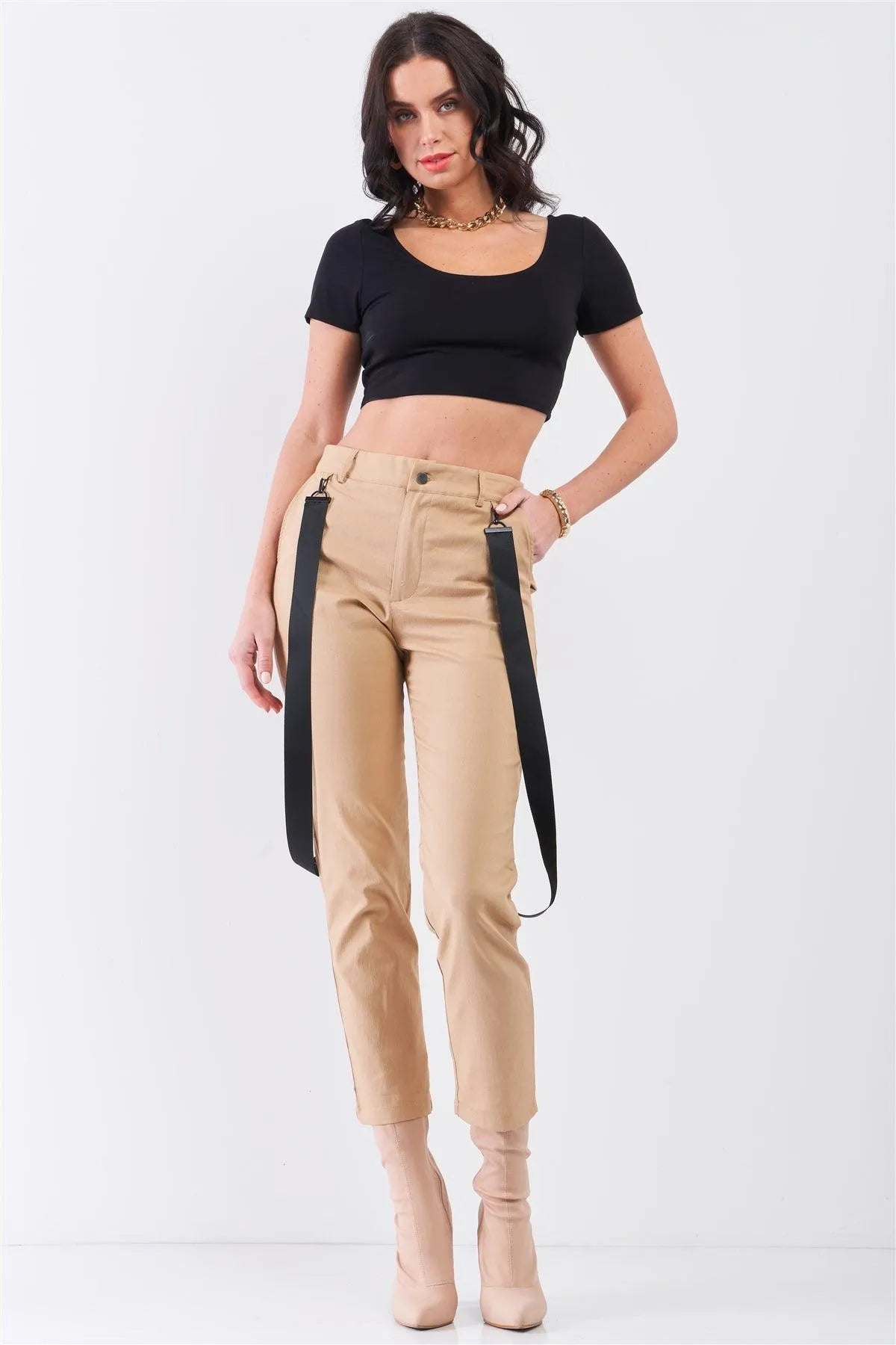 Khaki Mid-Rise Detachable Utility Straps Detail Straight Cut Pants /3-2-1 - Tasha Apparel Wholesale