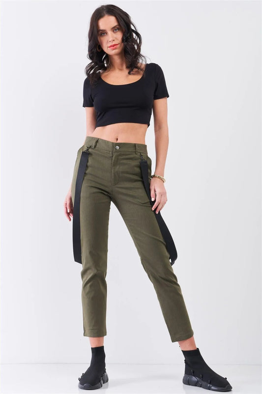 Olive Mid-Rise Detachable Utility Straps Detail Straight Cut Pants - Tasha Apparel Wholesale