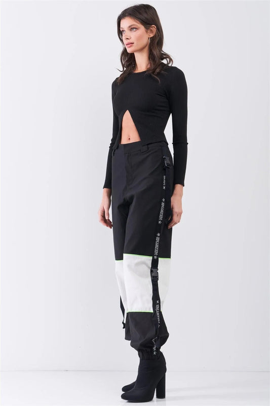 Black High Waist Print Side Trim Utility Buckle Detail Parachute Racetrack Cargo Pants /1-2-2 - Tasha Apparel Wholesale