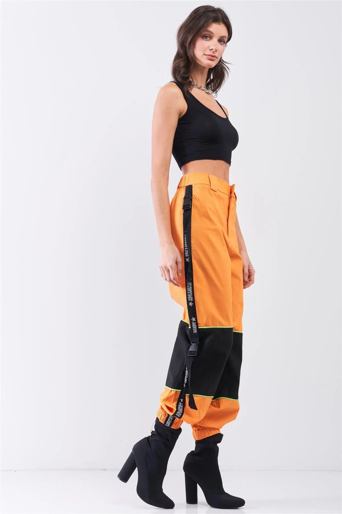 Bright Orange High Waist Print Side Trim Utility Buckle Detail Parachute Racetrack Cargo Pants /1-2-2 - Tasha Apparel Wholesale