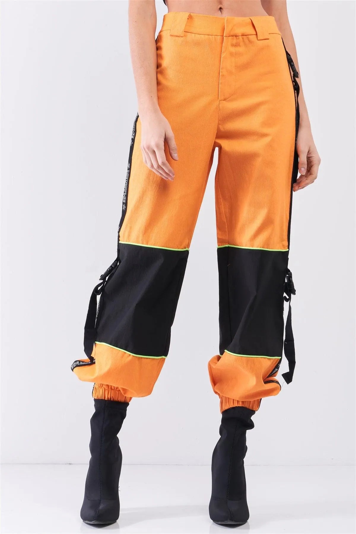 Bright Orange High Waist Print Side Trim Utility Buckle Detail Parachute Racetrack Cargo Pants /1-2-2 - Tasha Apparel Wholesale