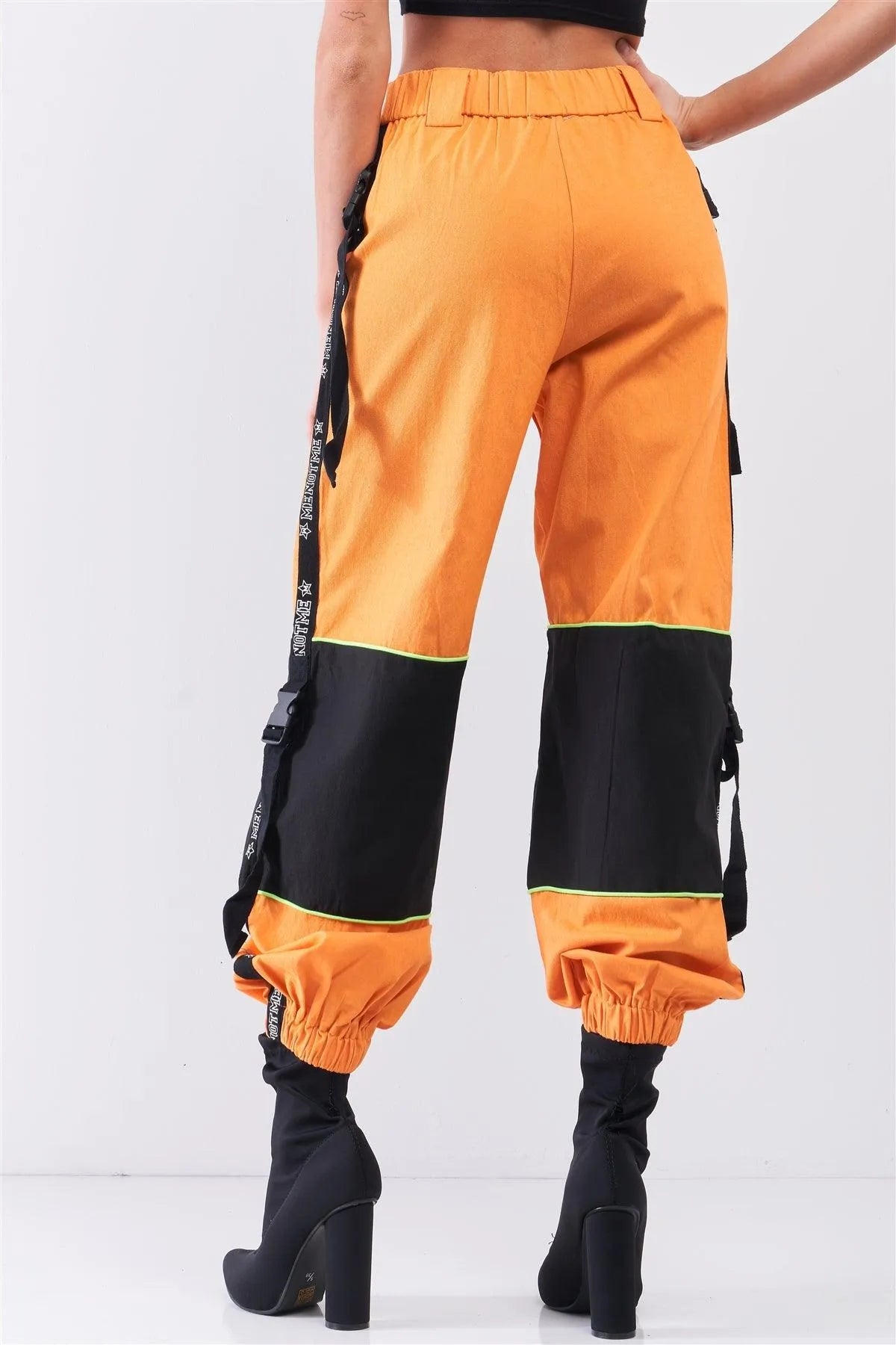 Bright Orange High Waist Print Side Trim Utility Buckle Detail Parachute Racetrack Cargo Pants /1-2-2 - Tasha Apparel Wholesale